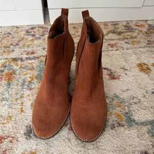 Lucky Brand Yoniana Suede brown tan Leather Wedge heel ankle bootie